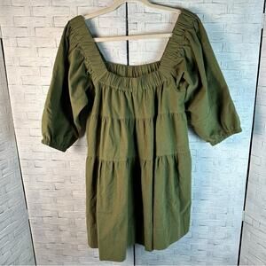 Saints & hearts olive green dress with puff sleeves square neckline bohemian